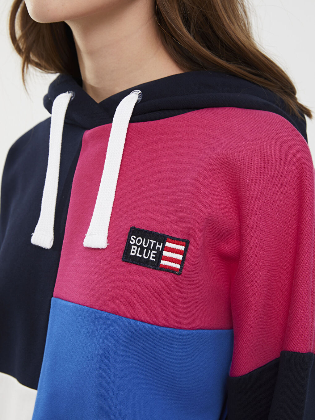 Lacivert Kapüşonlu Renk Bloklu Kadın Kalın Sweatshirt-3