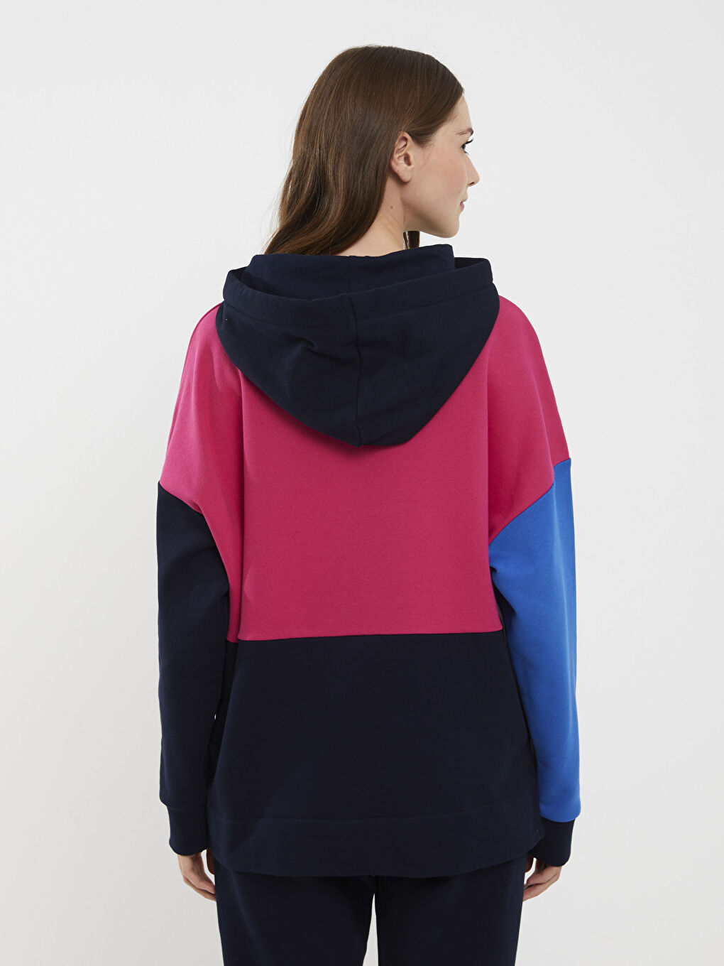 Lacivert Kapüşonlu Renk Bloklu Kadın Kalın Sweatshirt-4