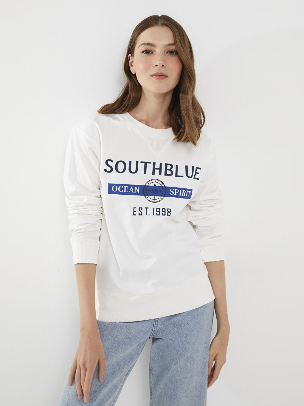 SOUTHBLUE Ekru Bisiklet Yaka Baskılı Uzun Kollu Kadın Sweatshirt