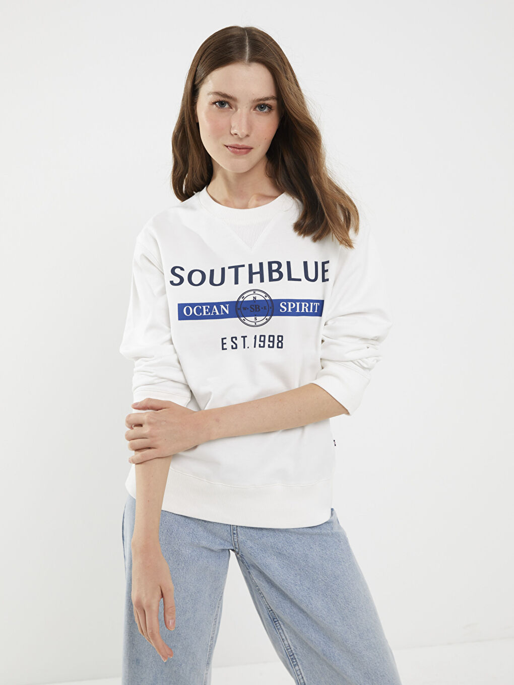 SOUTHBLUE Ekru Bisiklet Yaka Baskılı Uzun Kollu Kadın Sweatshirt - 1