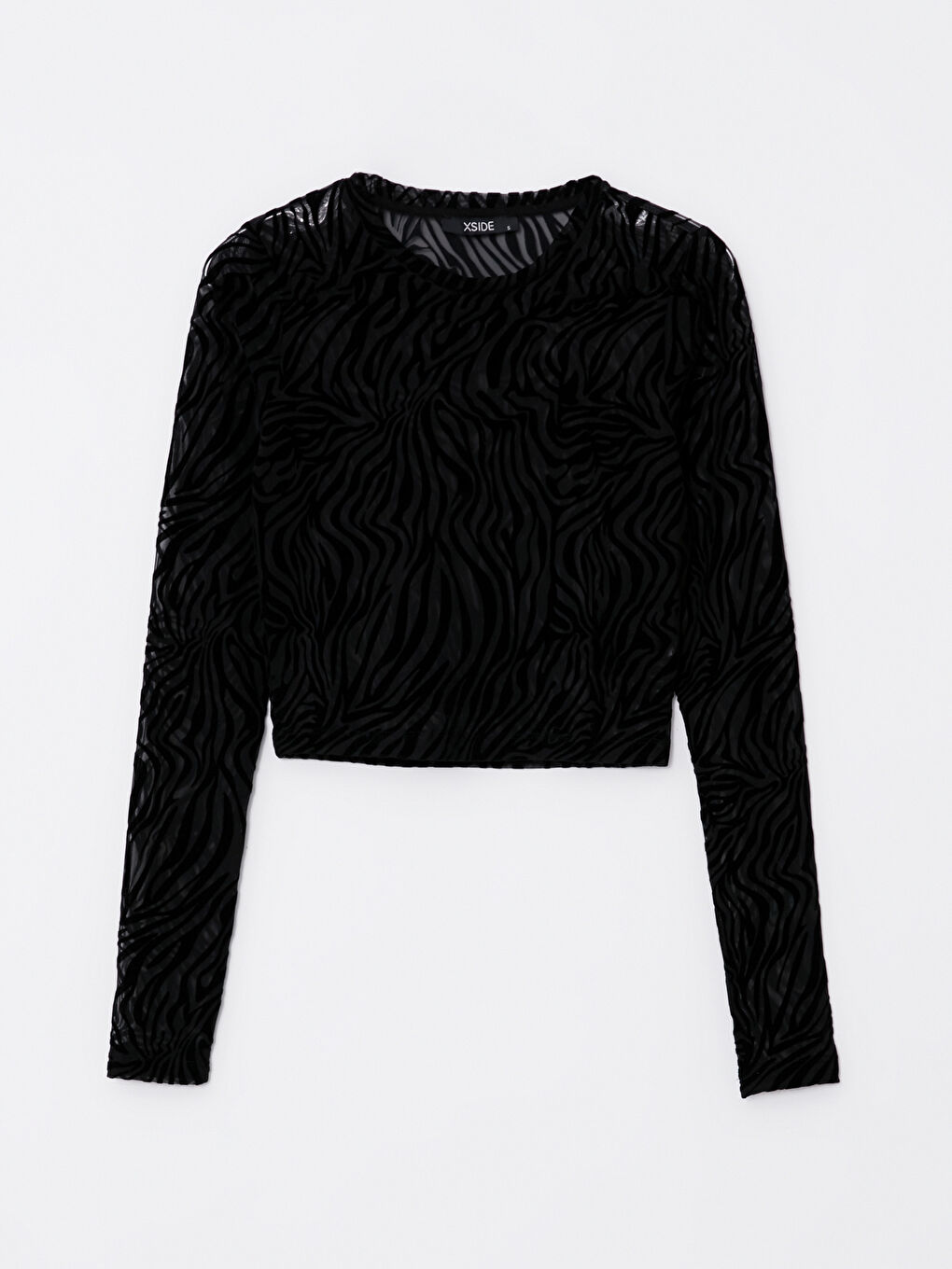 Siyah Bisiklet Yaka Desenli Uzun Kollu Kadın Crop-14