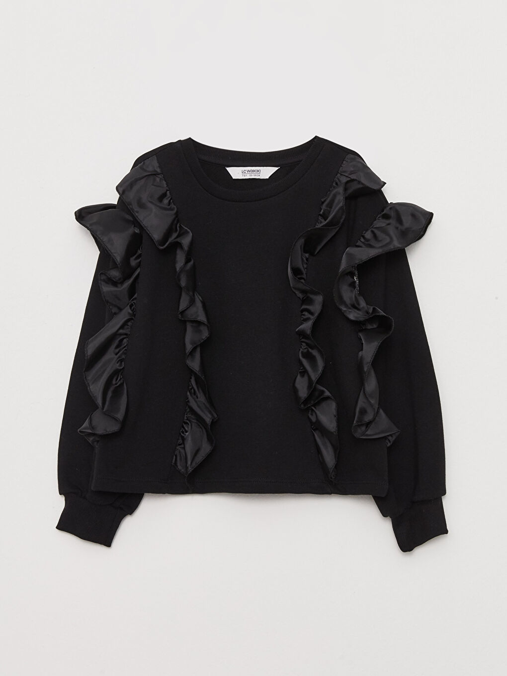 Siyah Bisiklet Yaka Fırfır Detaylı Uzun Kollu Kız Çocuk Sweatshirt-2