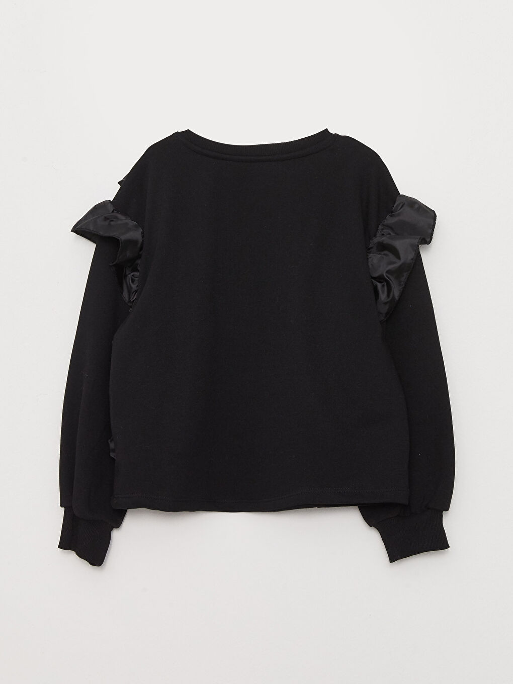 Siyah Bisiklet Yaka Fırfır Detaylı Uzun Kollu Kız Çocuk Sweatshirt-3