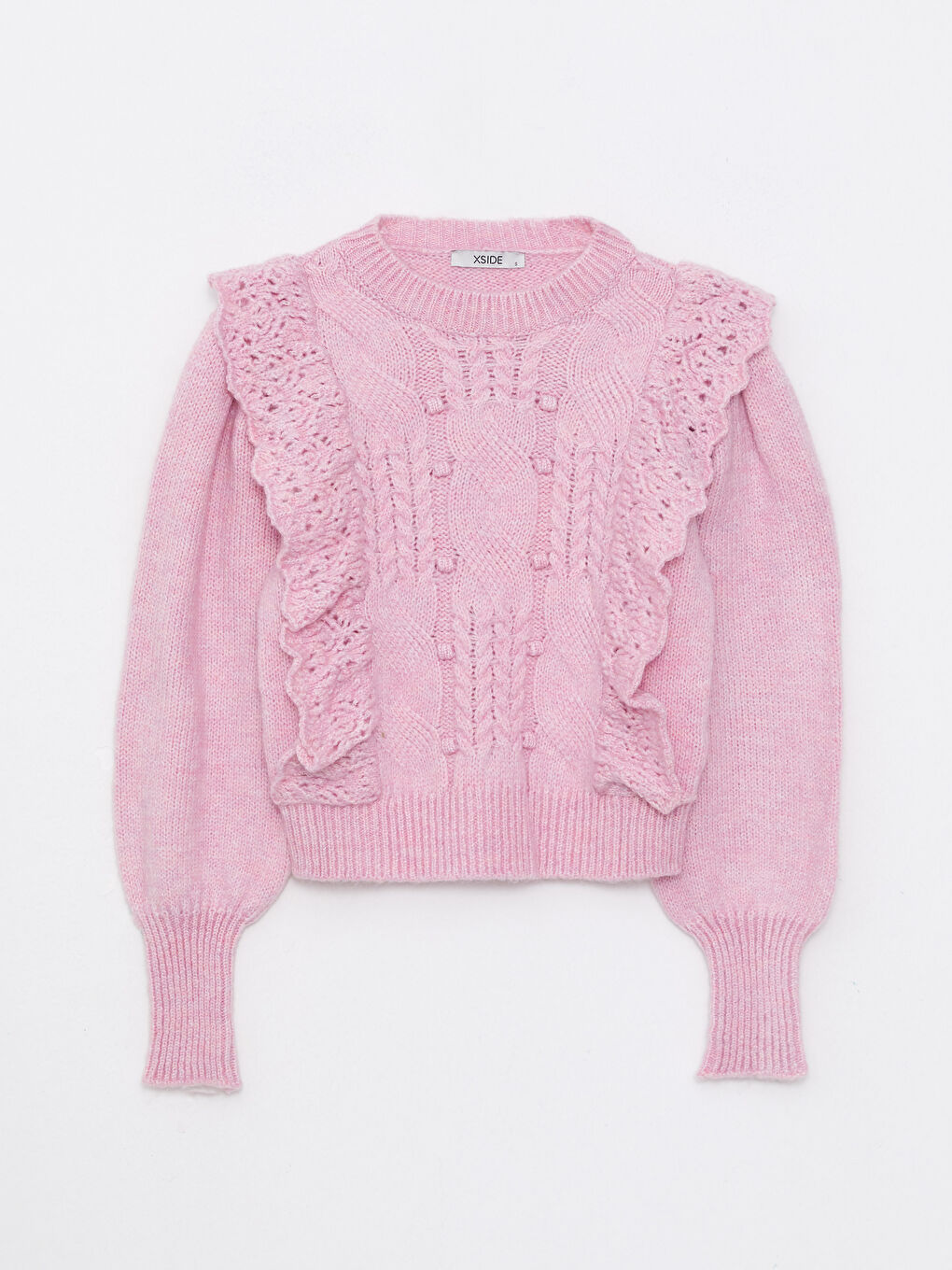 Pembe Bisiklet Yaka Kendinden Desenli Uzun Kollu Kadın Kazak-4