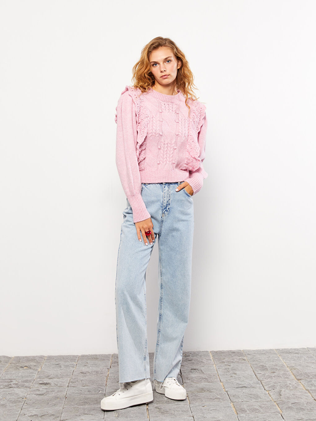 Pembe Bisiklet Yaka Kendinden Desenli Uzun Kollu Kadın Kazak-1