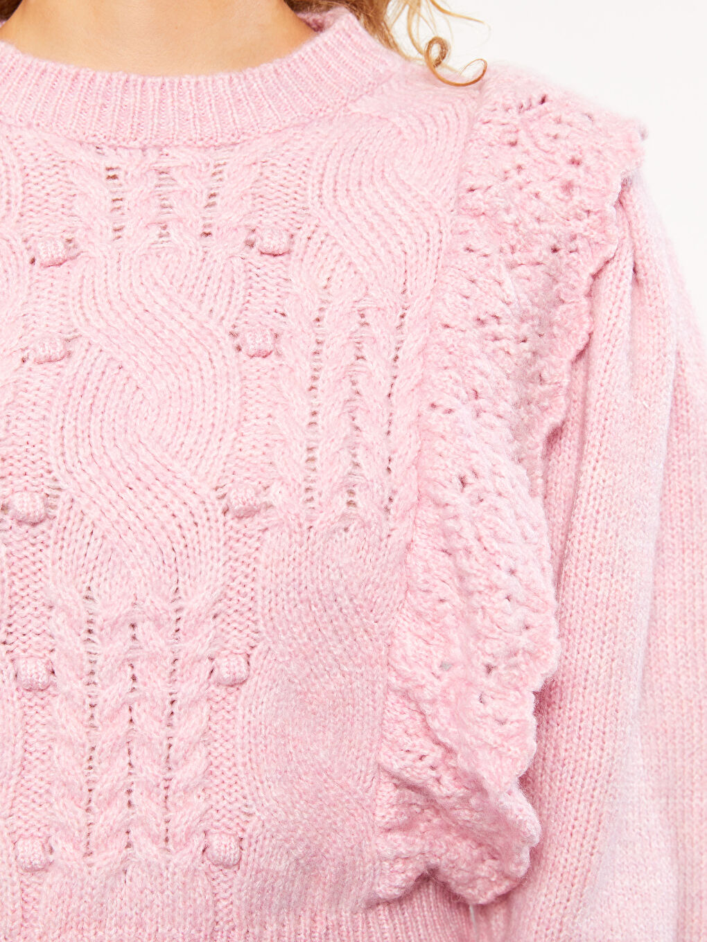 Pembe Bisiklet Yaka Kendinden Desenli Uzun Kollu Kadın Kazak-2