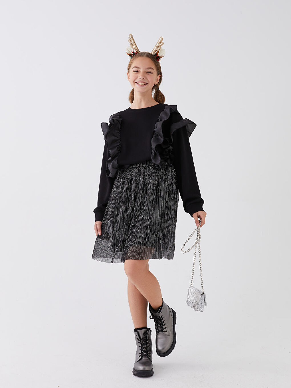 Metalik Beli Lastikli Işıltılı Kız Çocuk Etek