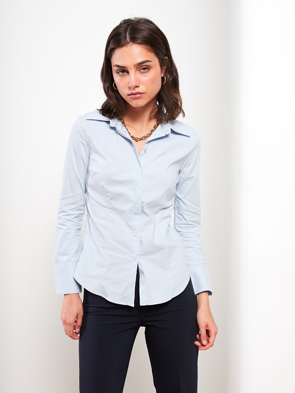 Mavi Önden Düğme Kapamalı Düz Uzun Kollu Poplin Kadın Gömlek