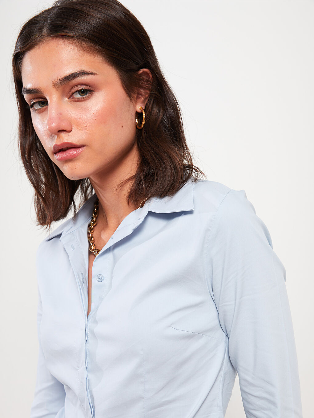 Mavi Önden Düğme Kapamalı Düz Uzun Kollu Poplin Kadın Gömlek-2