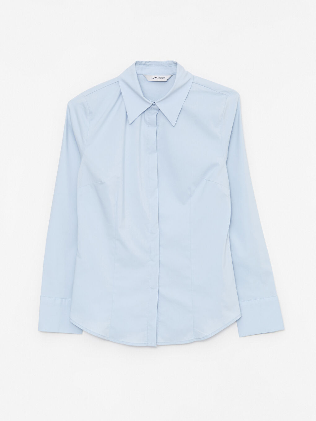 Mavi Önden Düğme Kapamalı Düz Uzun Kollu Poplin Kadın Gömlek-5