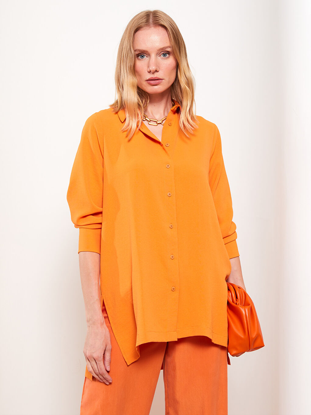 Однотонная рубашка-туника с длинным рукавом для женщин-2