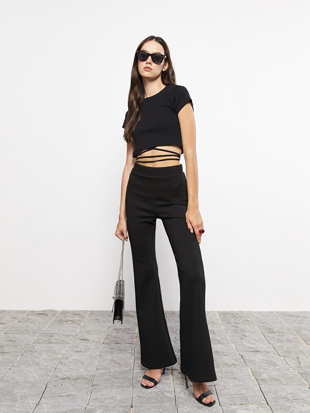 Siyah Kadın Beli Lastikli Dar Fit Düz Pantolon
