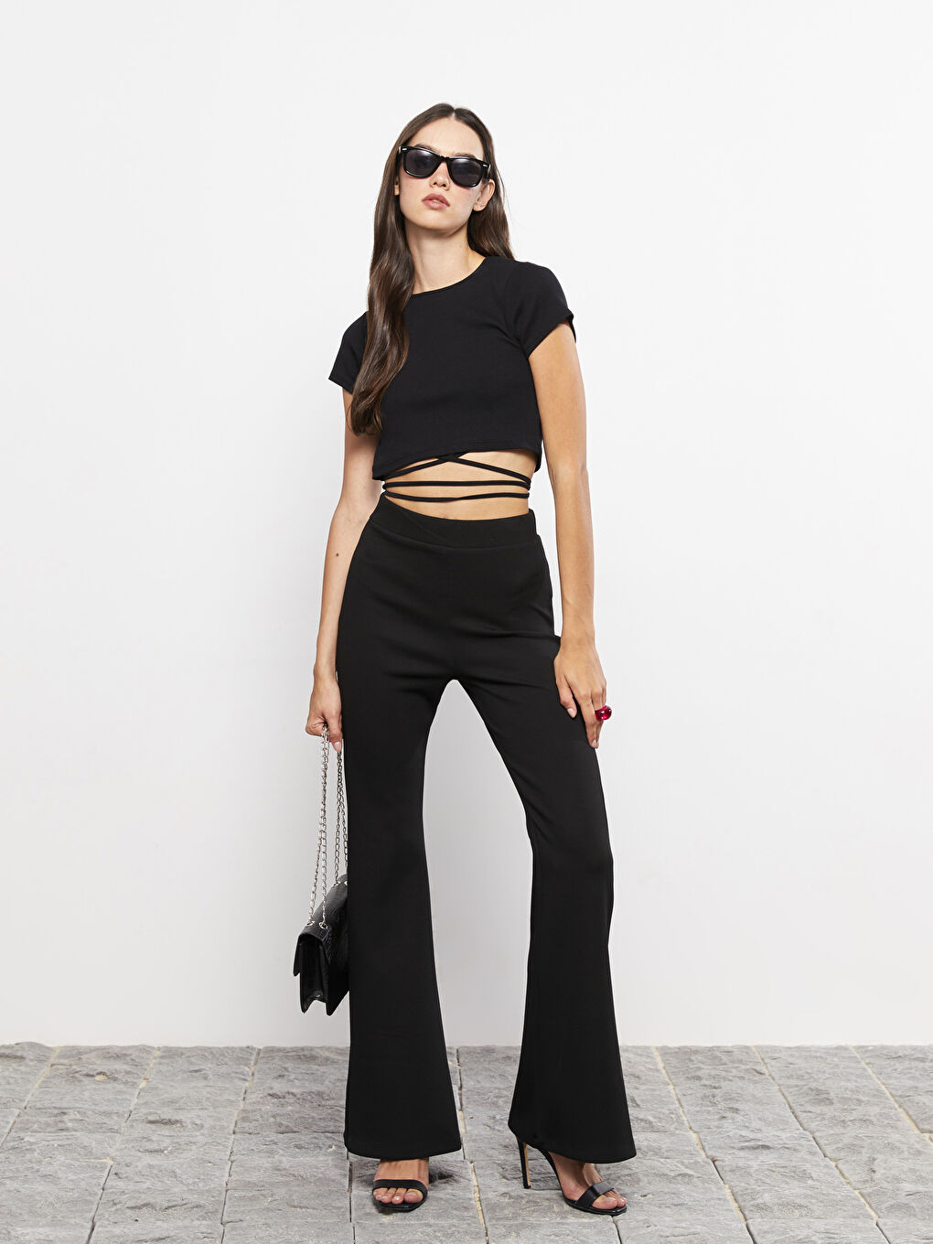 Siyah Kadın Beli Lastikli Dar Fit Düz Pantolon-1