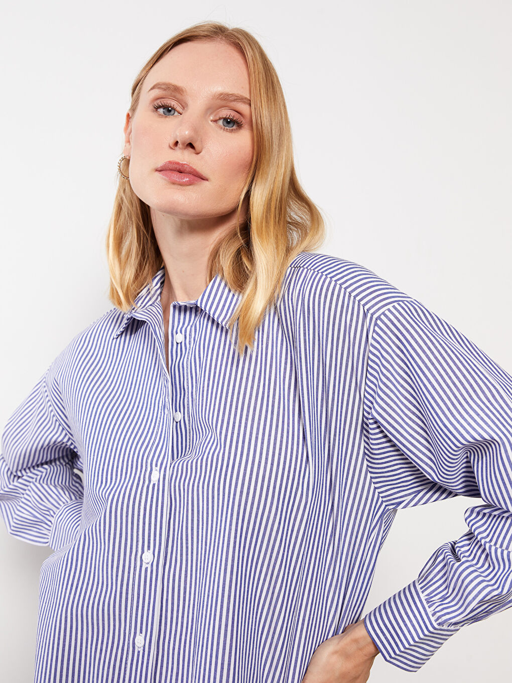 Lacivert Çizgili Kadın Gömlek Tunik