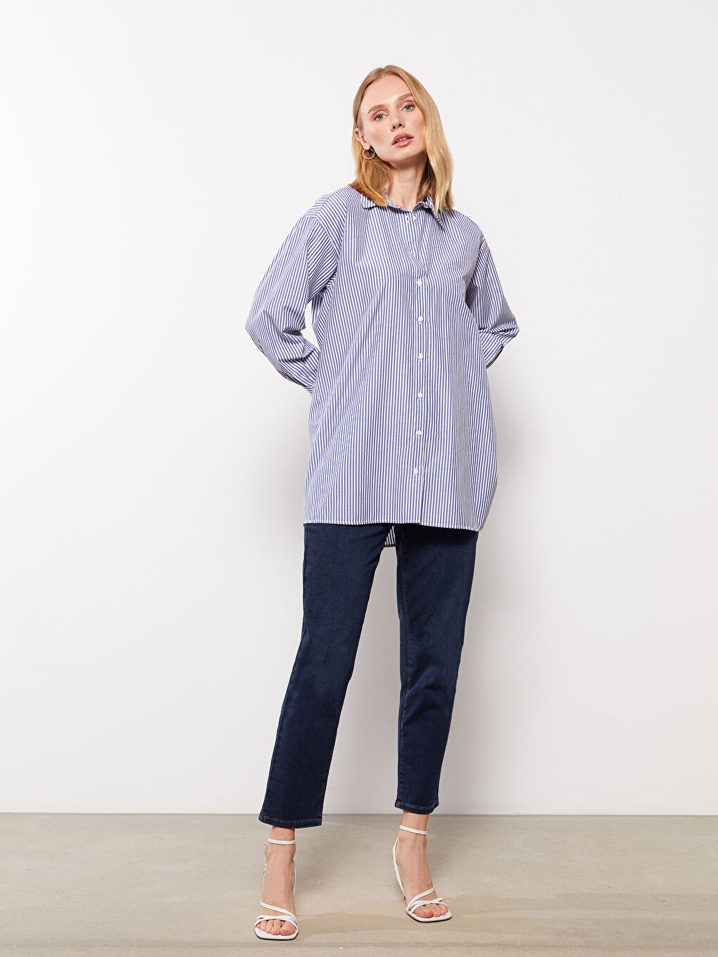 Lacivert Çizgili Kadın Gömlek Tunik-2