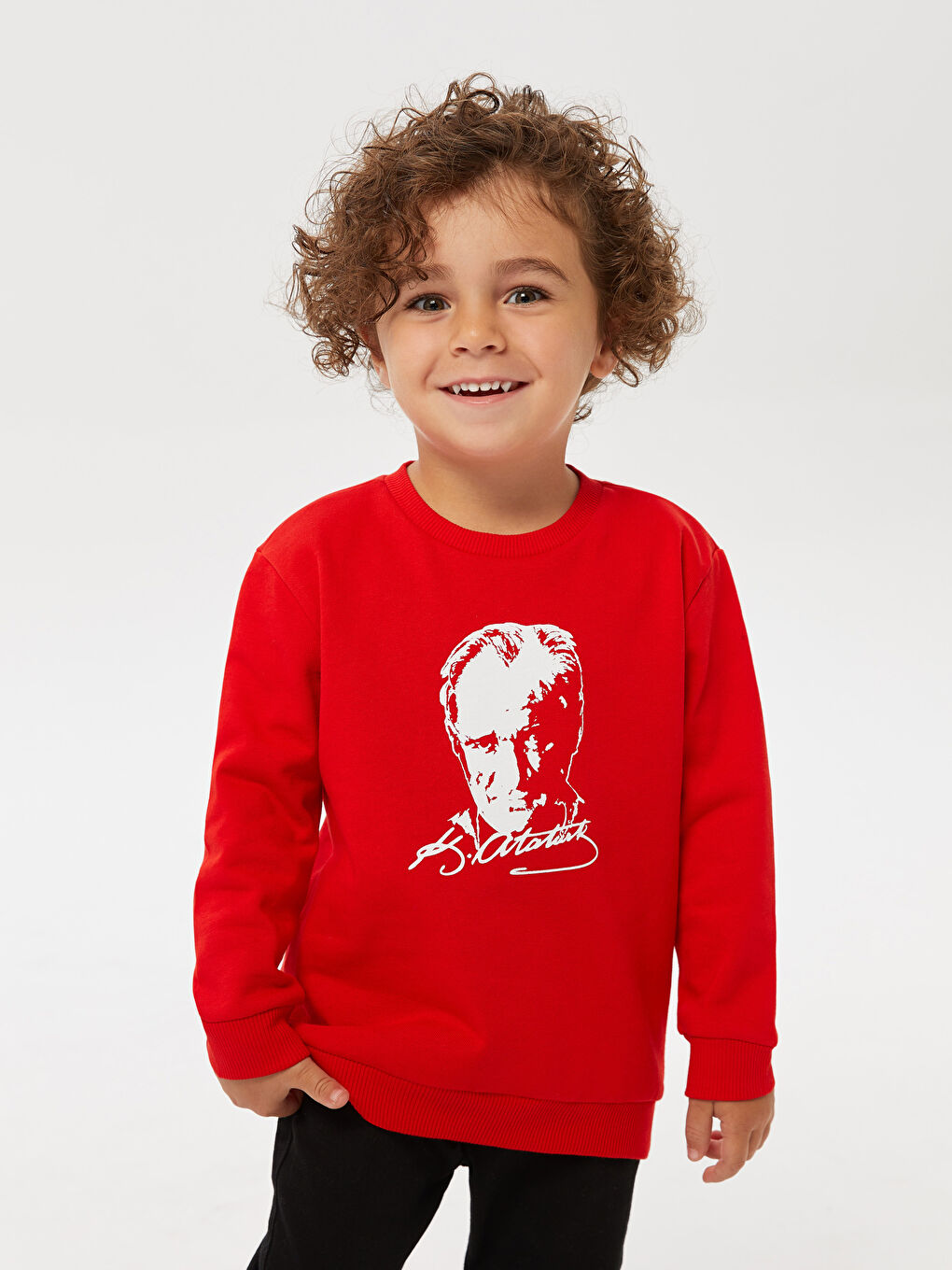 Kırmızı Bisiklet Yaka Uzun Kollu Atatürk Baskılı Erkek Bebek Sweatshirt