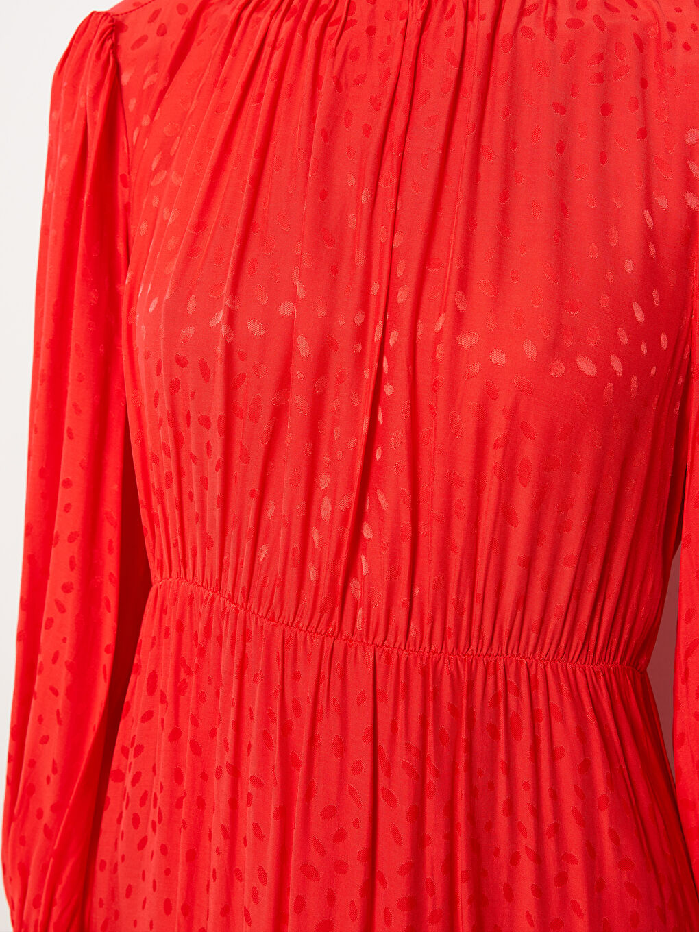 Kırmızı Bisiklet Yaka Desenli Uzun Kollu Saten Kadın Elbise-3