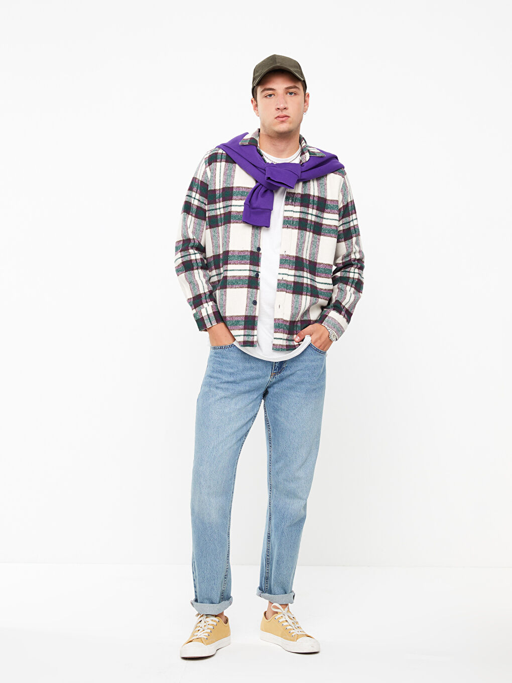 Bej Regular Fit Uzun Kollu Ekose Erkek Oduncu Gömlek-2