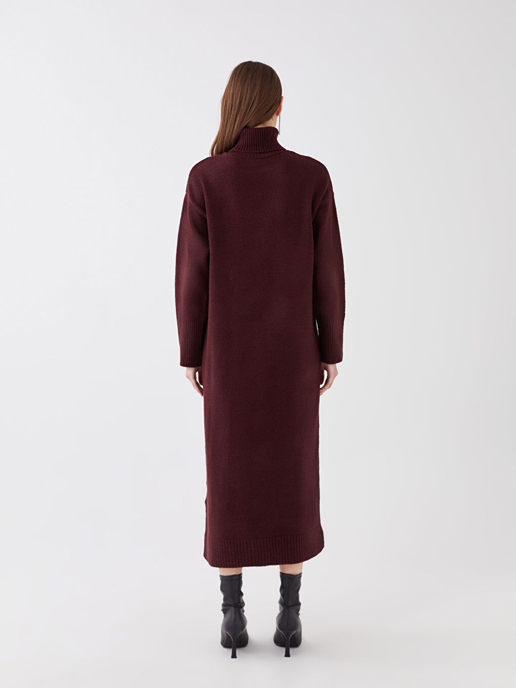 LCW Modest Bordo Balıkçı Yaka Düz Uzun Kollu Oversize Kadın Triko Elbise - 4