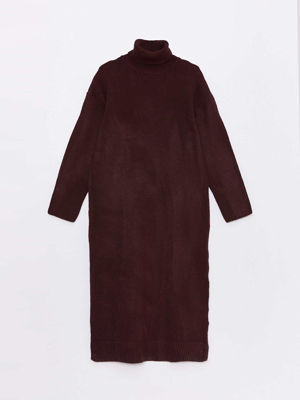 LCW Modest Bordo Balıkçı Yaka Düz Uzun Kollu Oversize Kadın Triko Elbise - 5