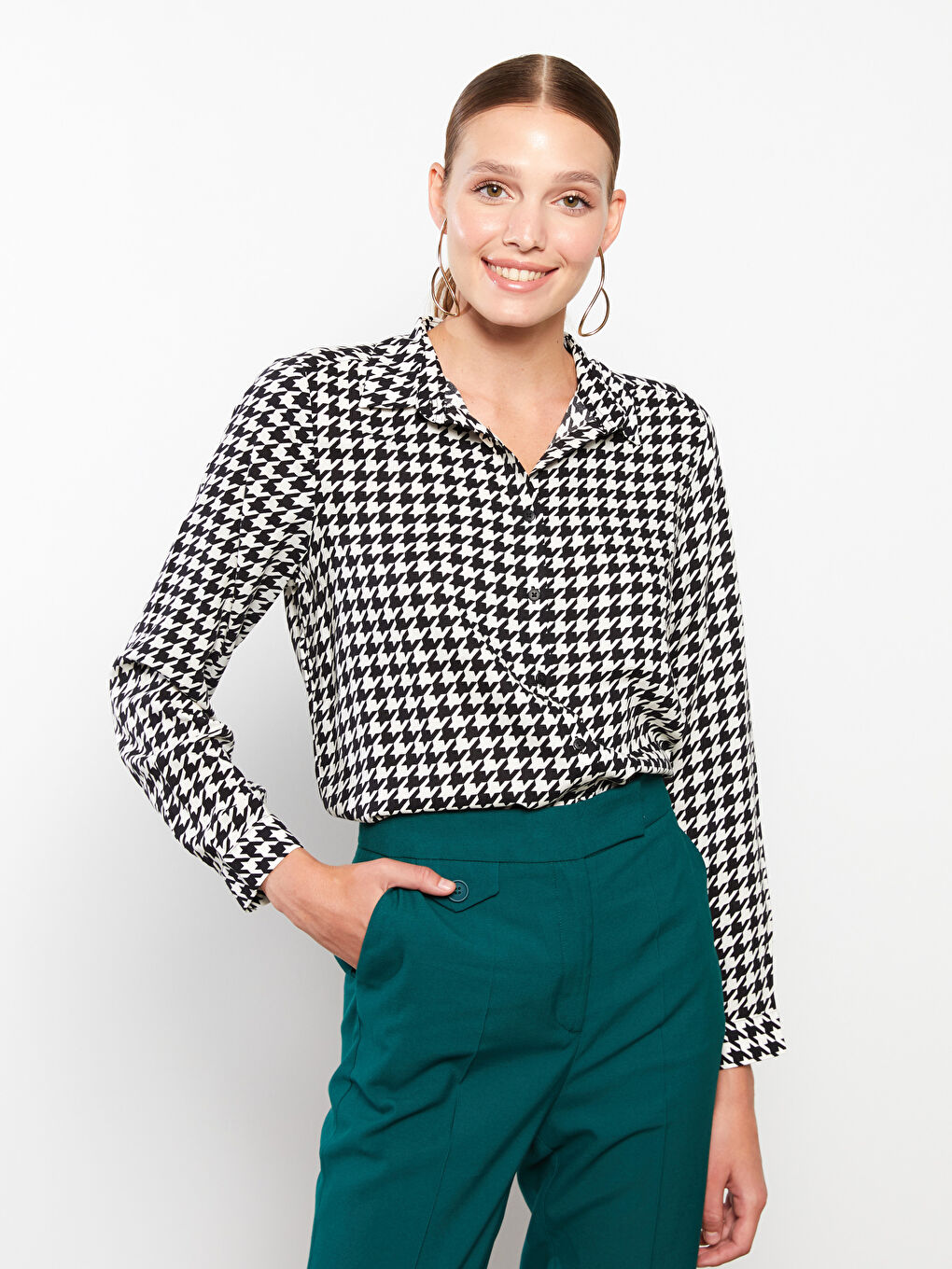 әйелдерге арналған қарға аяғы принтті ұзын жең жейде-2