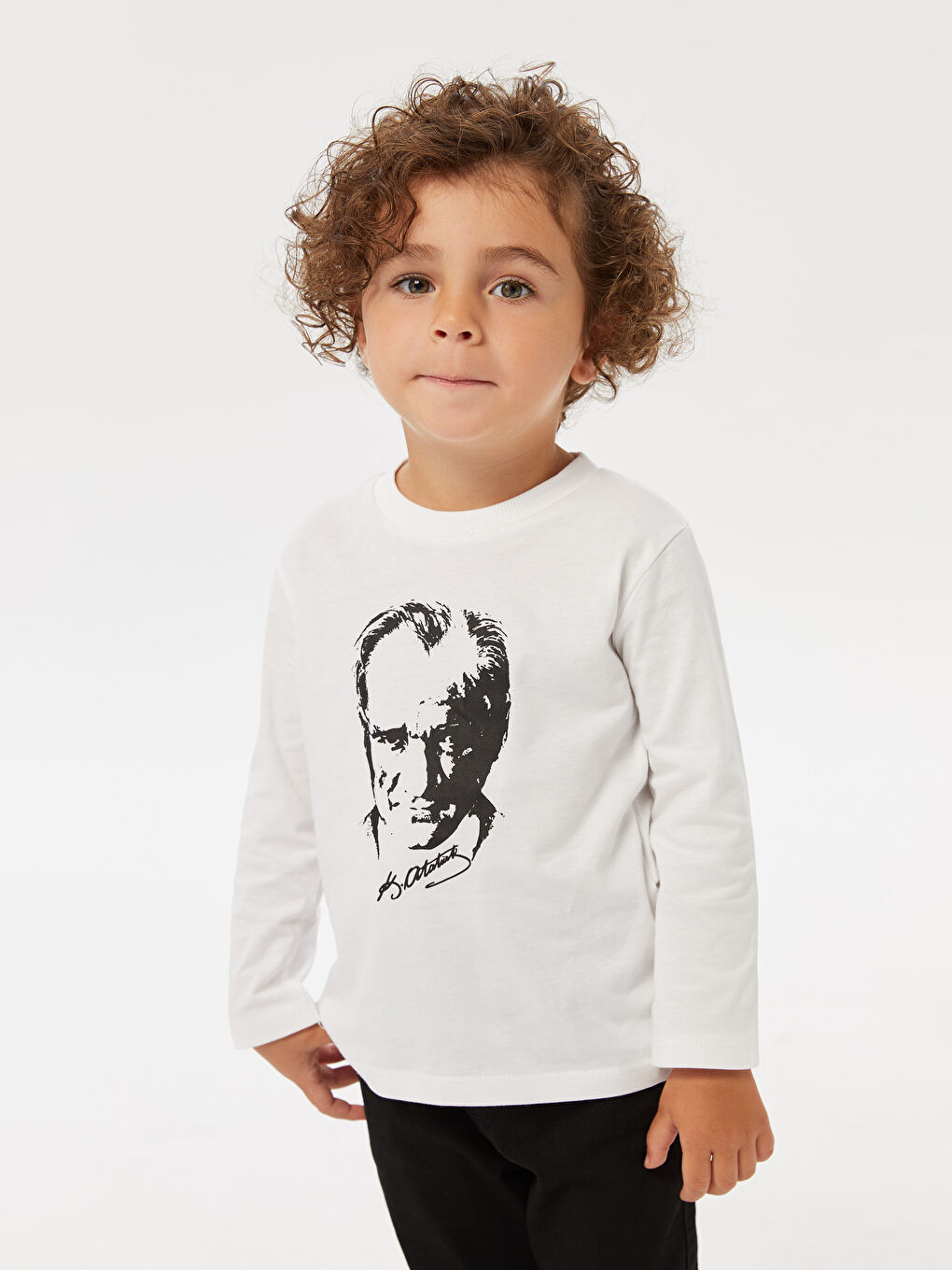 Beyaz Bisiklet Yaka Uzun Kol Atatürk Baskılı Erkek Bebek Tişört-1