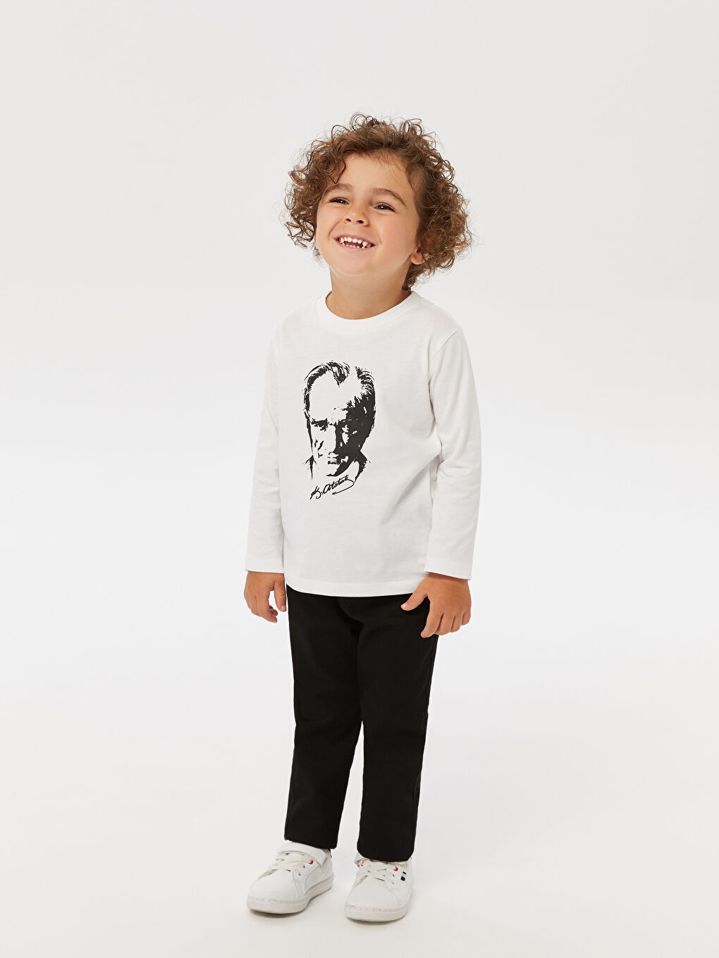 Beyaz Bisiklet Yaka Uzun Kol Atatürk Baskılı Erkek Bebek Tişört-2