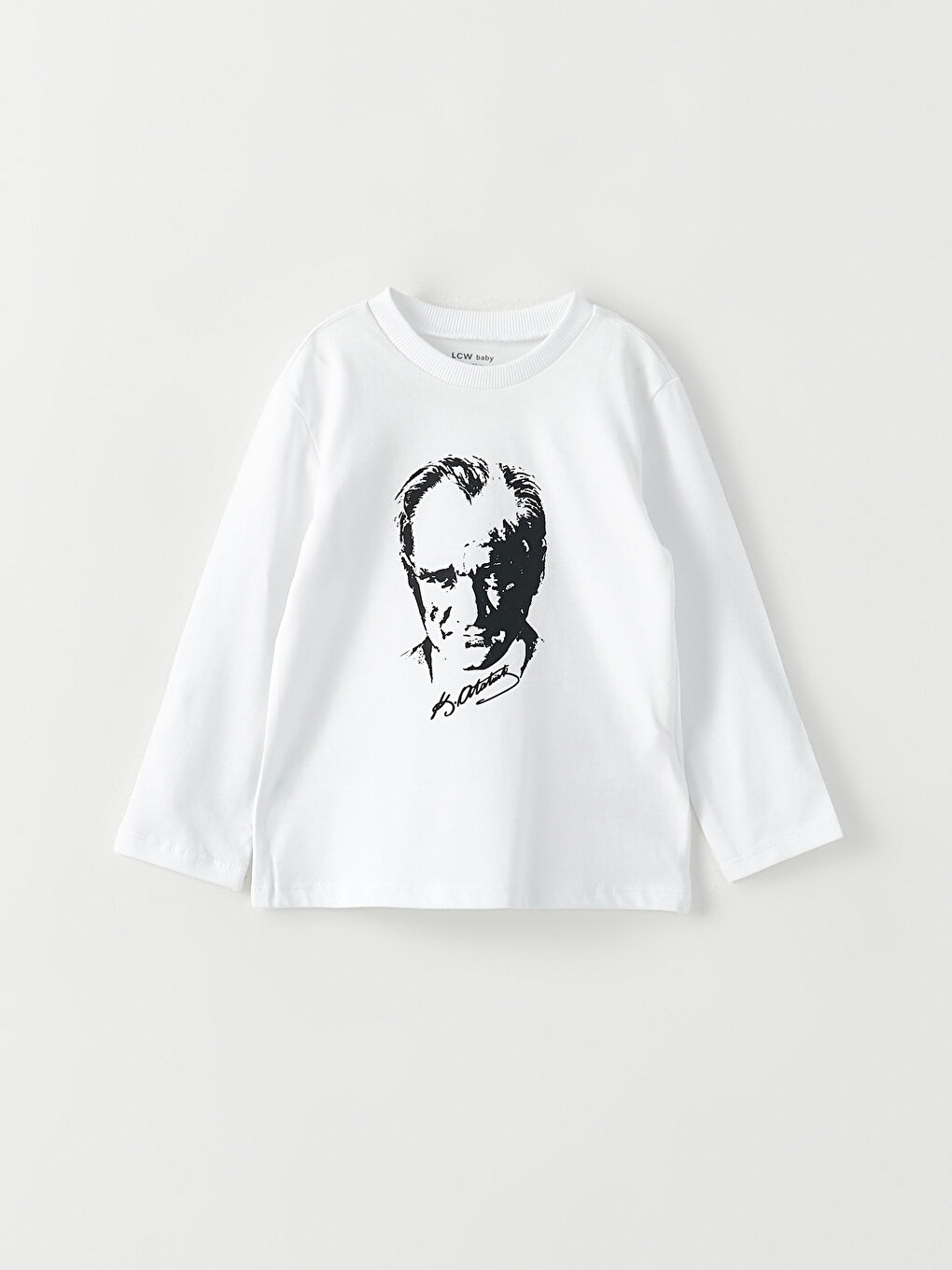 Beyaz Bisiklet Yaka Uzun Kol Atatürk Baskılı Erkek Bebek Tişört-3