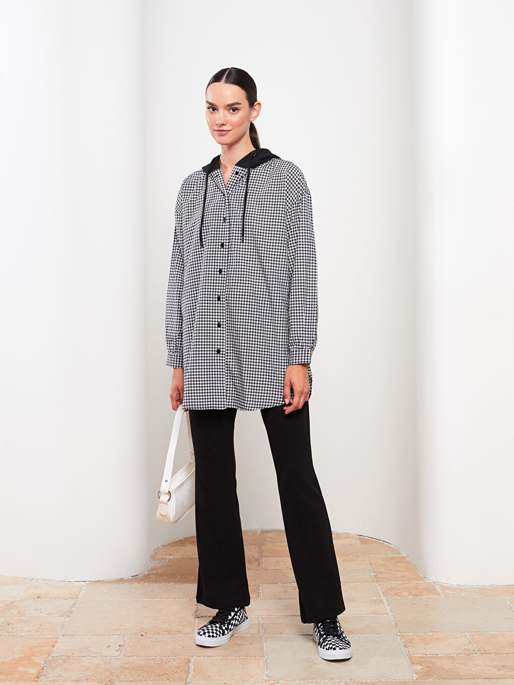 Siyah Kapüşonlu Ekose Uzun Kollu Oversize Kadın Tunik