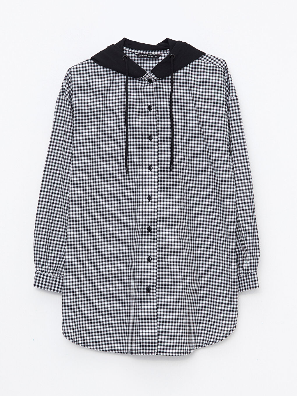 Siyah Kapüşonlu Ekose Uzun Kollu Oversize Kadın Tunik-5