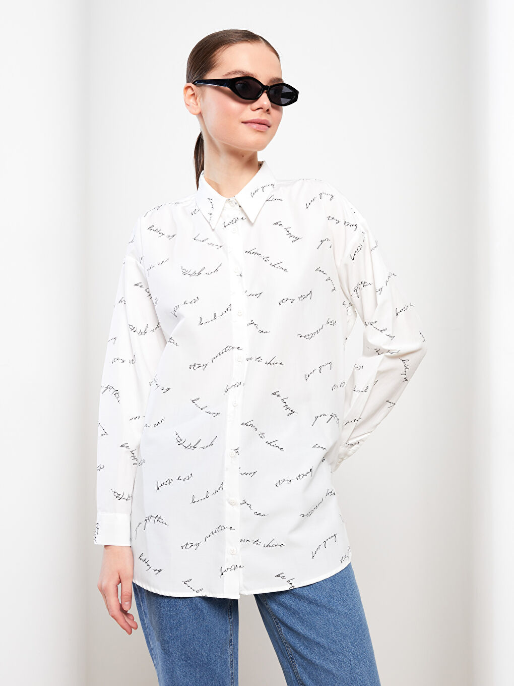 Ekru Desenli Poplin Kadın Gömlek Tunik