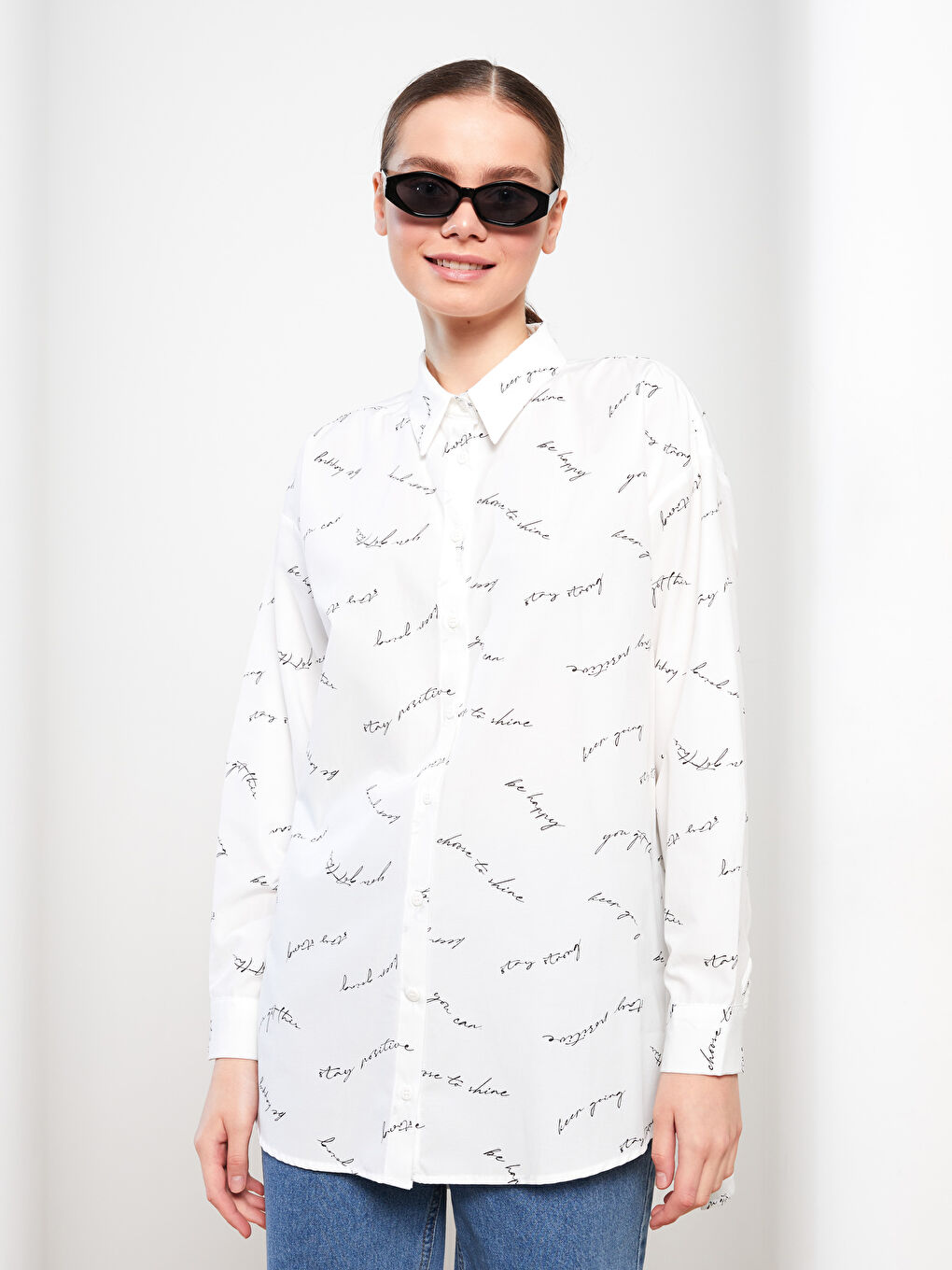 Ekru Desenli Poplin Kadın Gömlek Tunik-1