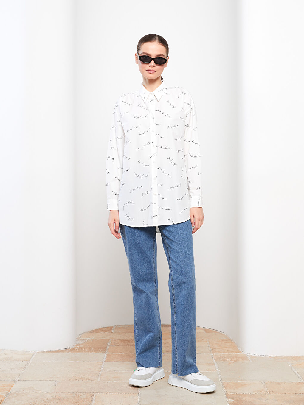 Ekru Desenli Poplin Kadın Gömlek Tunik-2