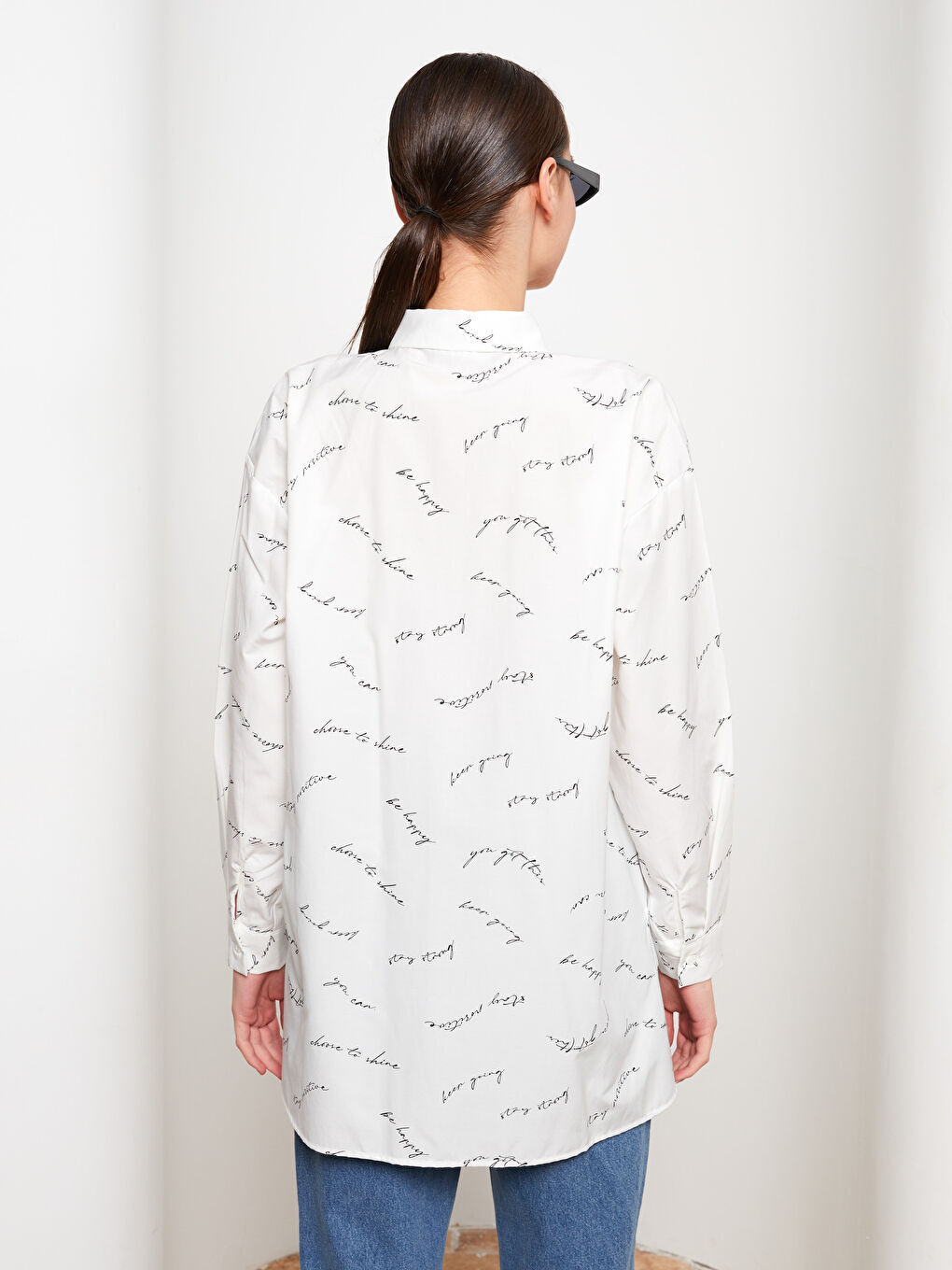 Ekru Desenli Poplin Kadın Gömlek Tunik-4