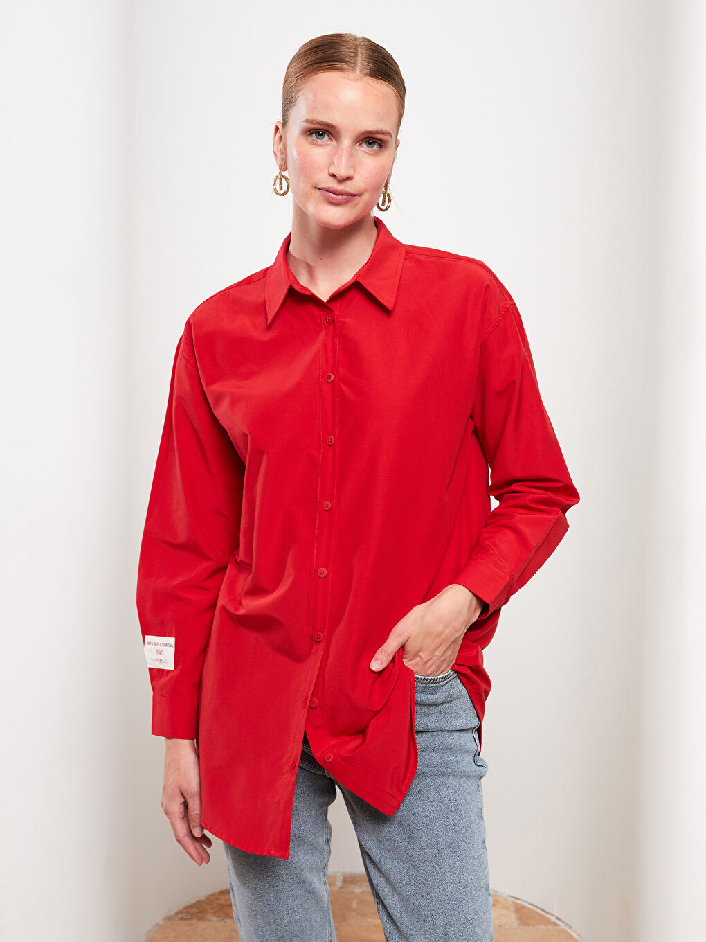 Kırmızı Baskılı Uzun Kollu Oversize Kadın Gömlek Tunik