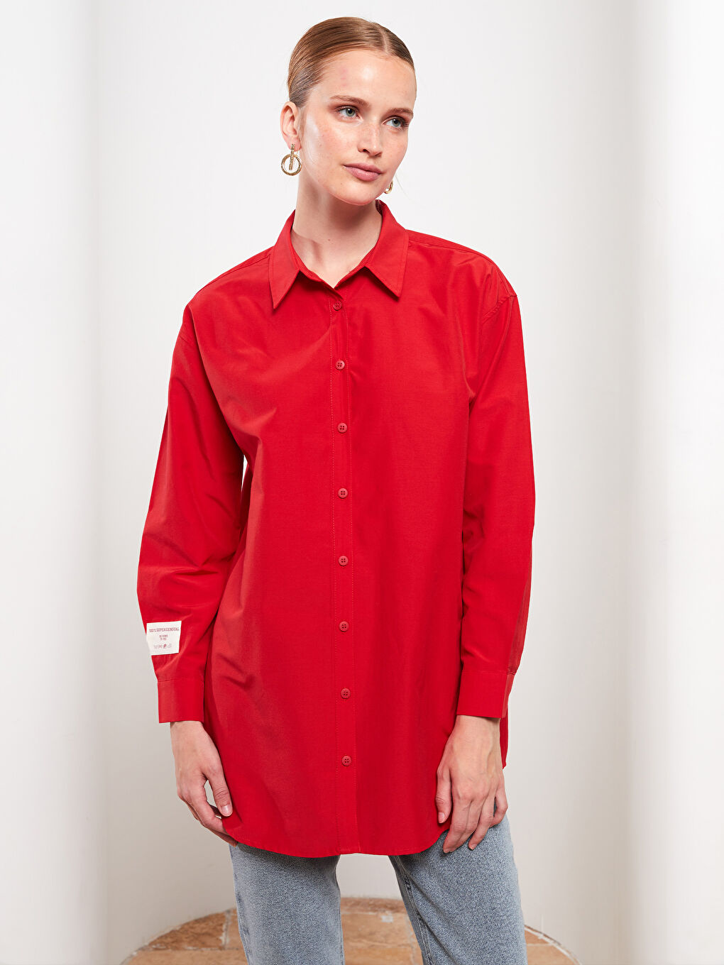 Kırmızı Baskılı Uzun Kollu Oversize Kadın Gömlek Tunik-1