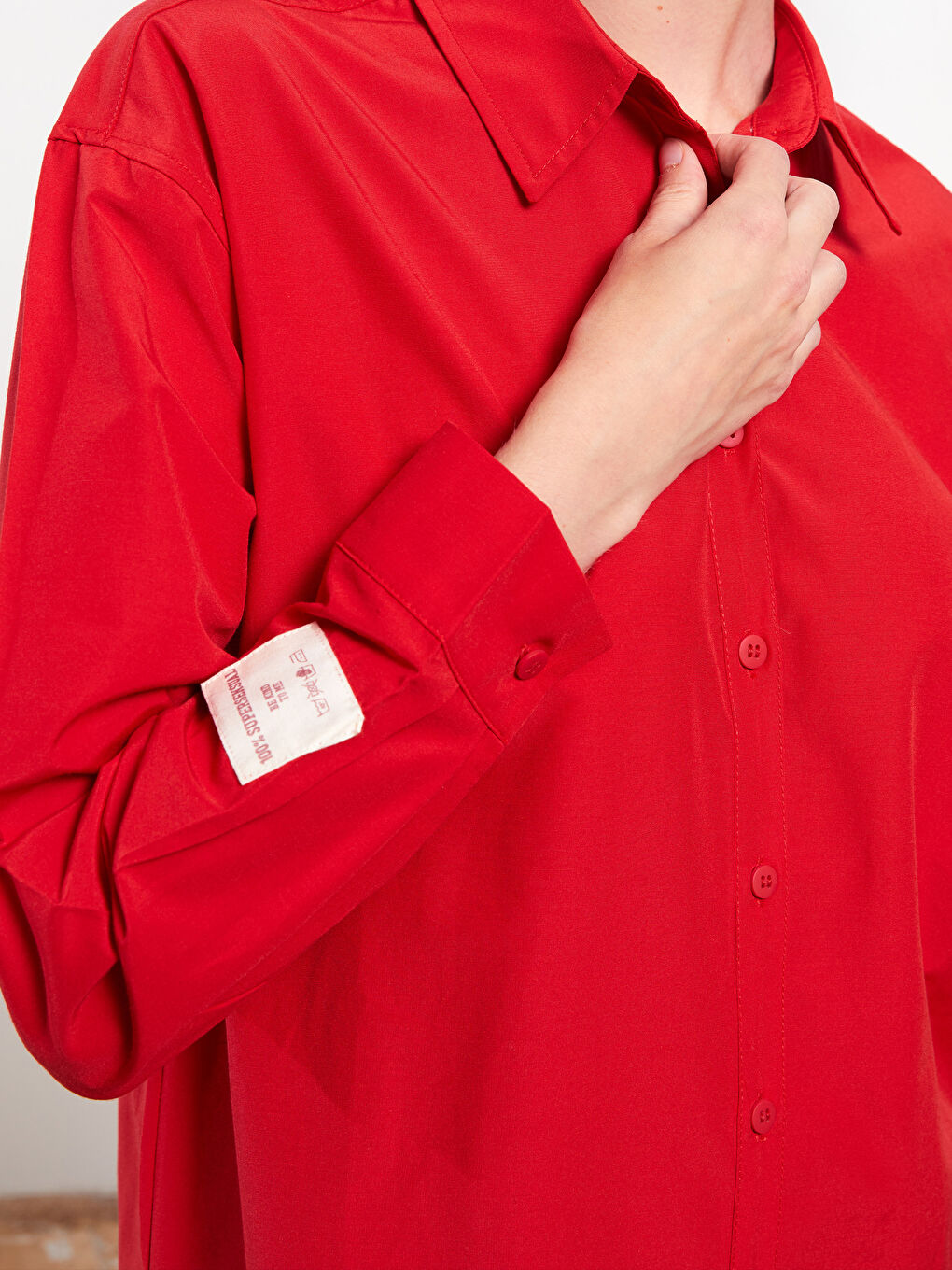 Kırmızı Baskılı Uzun Kollu Oversize Kadın Gömlek Tunik-3