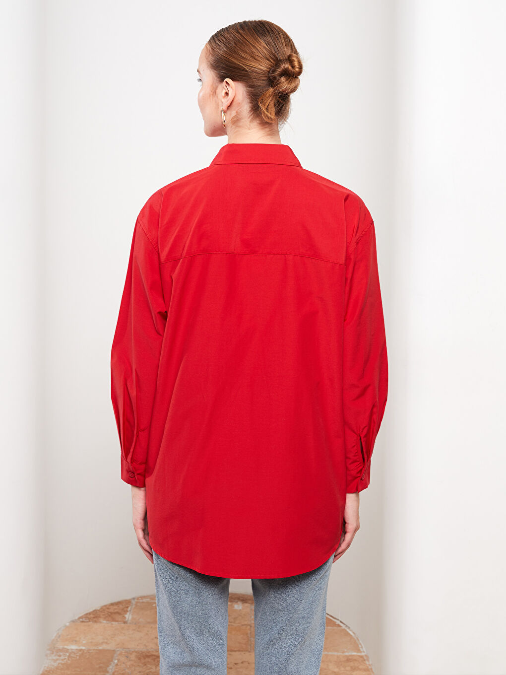 Kırmızı Baskılı Uzun Kollu Oversize Kadın Gömlek Tunik-4