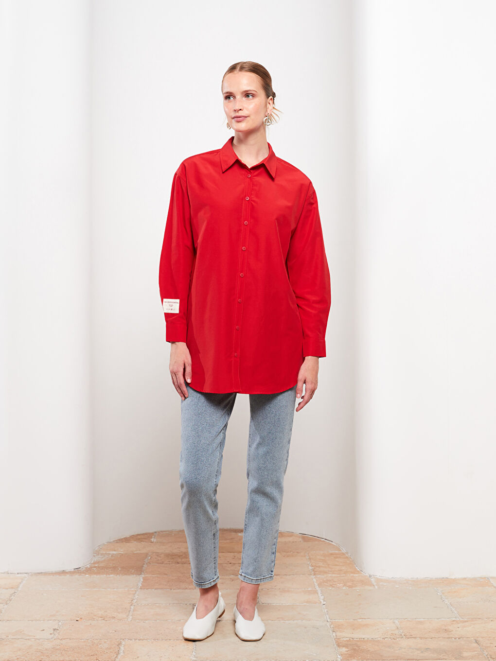 Kırmızı Baskılı Uzun Kollu Oversize Kadın Gömlek Tunik-2