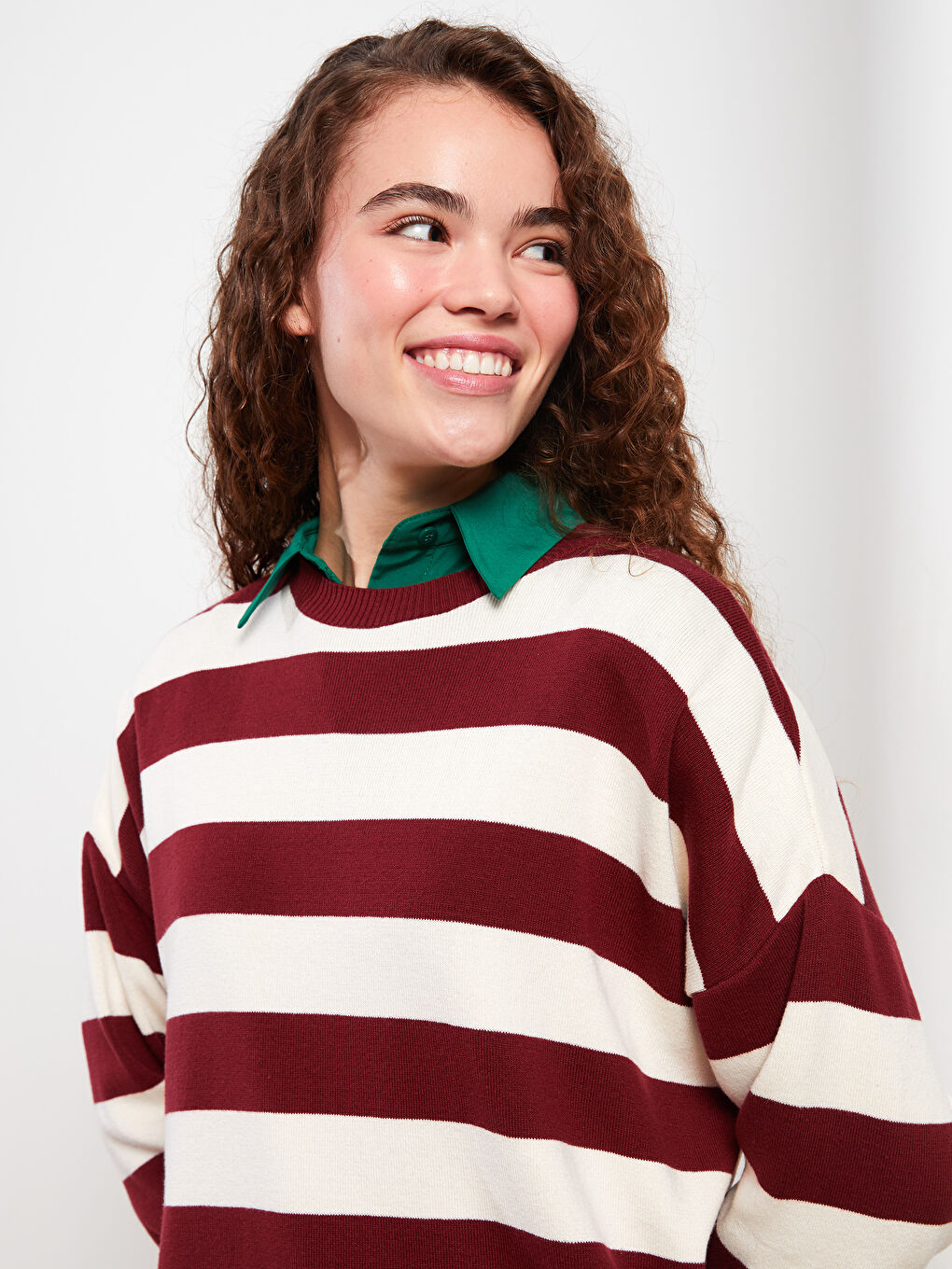 Kırmızı Bisiklet Yaka Çizgili Uzun Kollu Triko Kadın Tunik