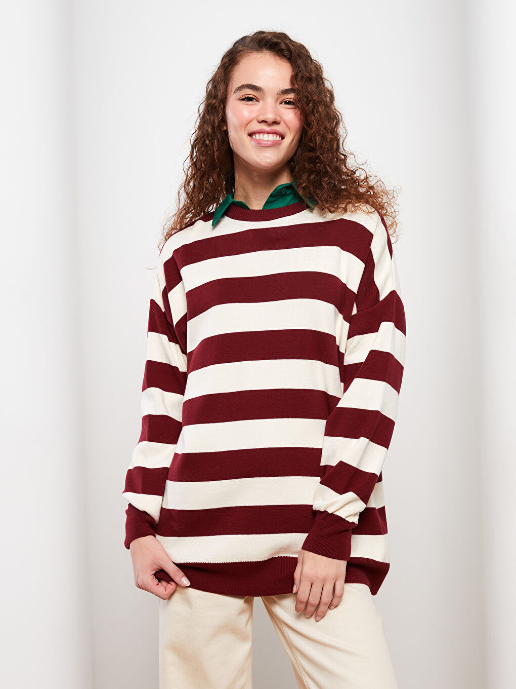 Kırmızı Bisiklet Yaka Çizgili Uzun Kollu Triko Kadın Tunik-1