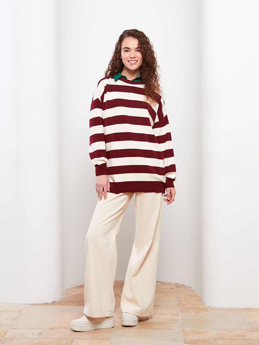 Kırmızı Bisiklet Yaka Çizgili Uzun Kollu Triko Kadın Tunik-2