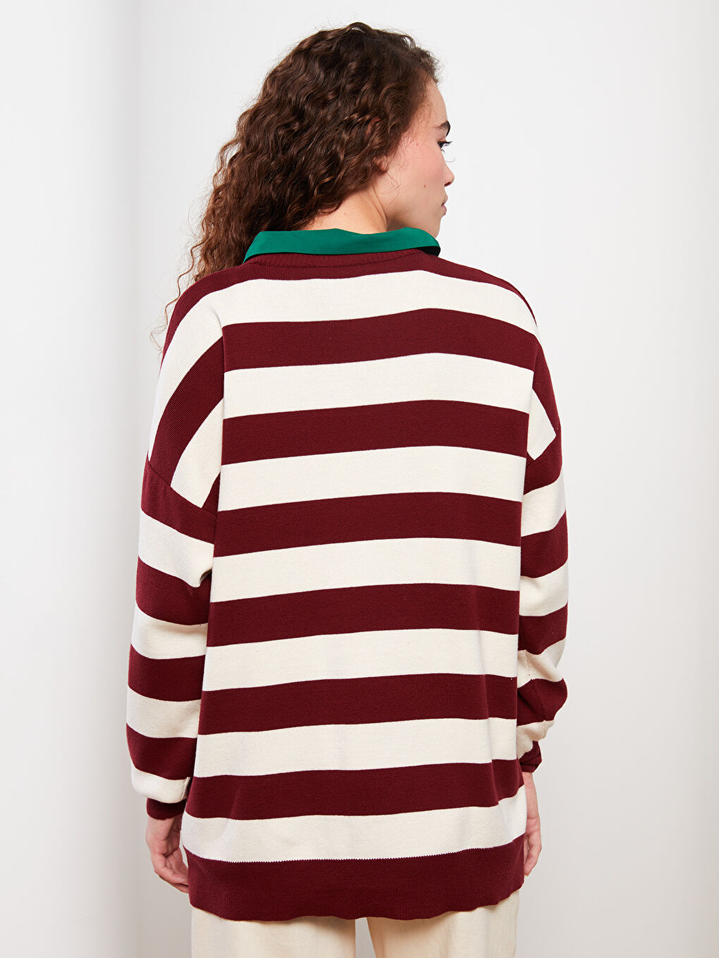 Kırmızı Bisiklet Yaka Çizgili Uzun Kollu Triko Kadın Tunik-4