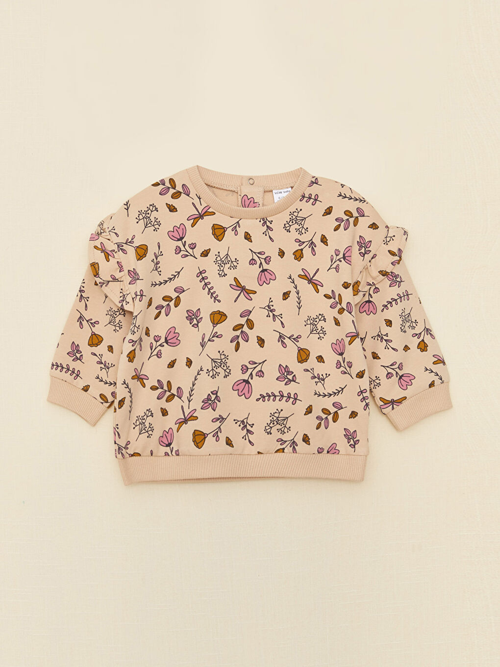 Bej Bisiklet Yaka Uzun Kollu Baskılı Kız Bebek 2'li Takım-1