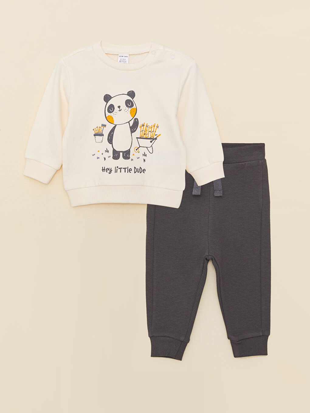 Ekru Bisiklet Yaka Uzun Kollu Baskılı Erkek Bebek Sweatshirt ve Pantolon 2'li Takım