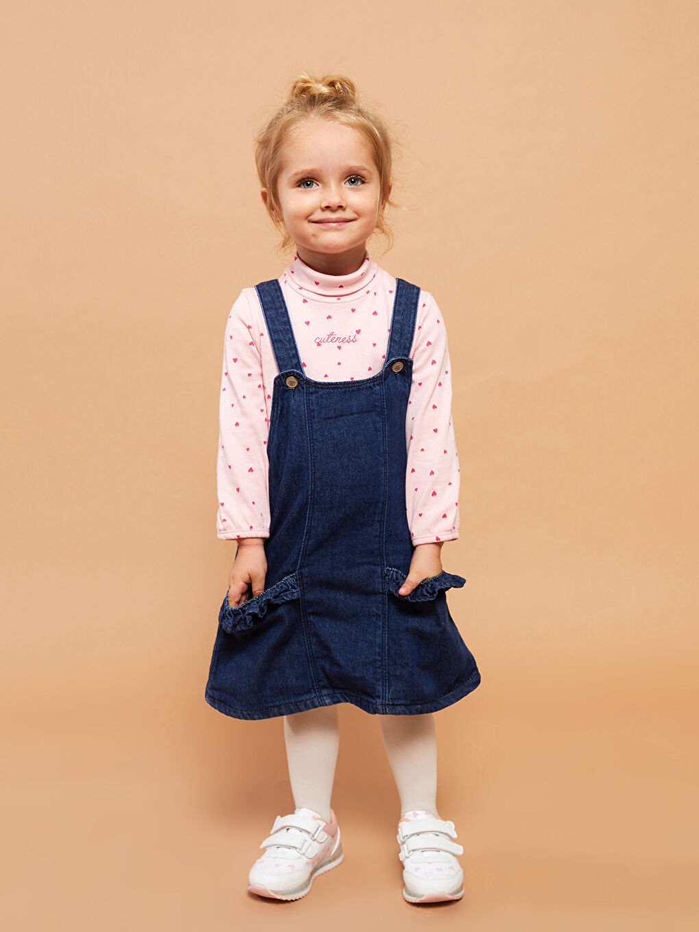 Джинсовое платье для малышки девочки с U-образным вырезом и колготки, комплект из 2 предметов-1