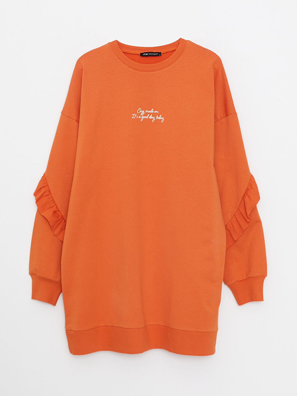 Turuncu Bisiklet Yaka Nakışlı Uzun Kollu Oversize Kadın Sweatshirt Tunik-5