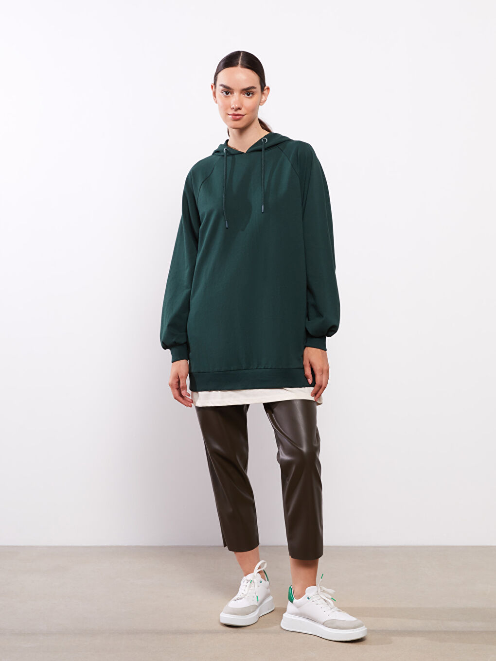 Hooded Plain Long Sleeve Oversize Women's Sweatshirt Tunic-2