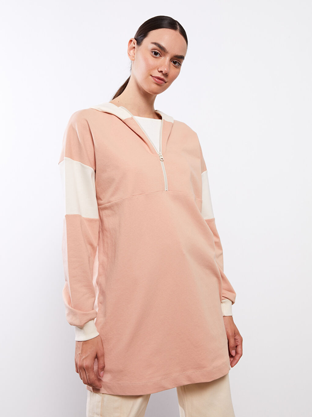 Hooded Color Block Long Sleeve Women's Sweatshirt Tunic