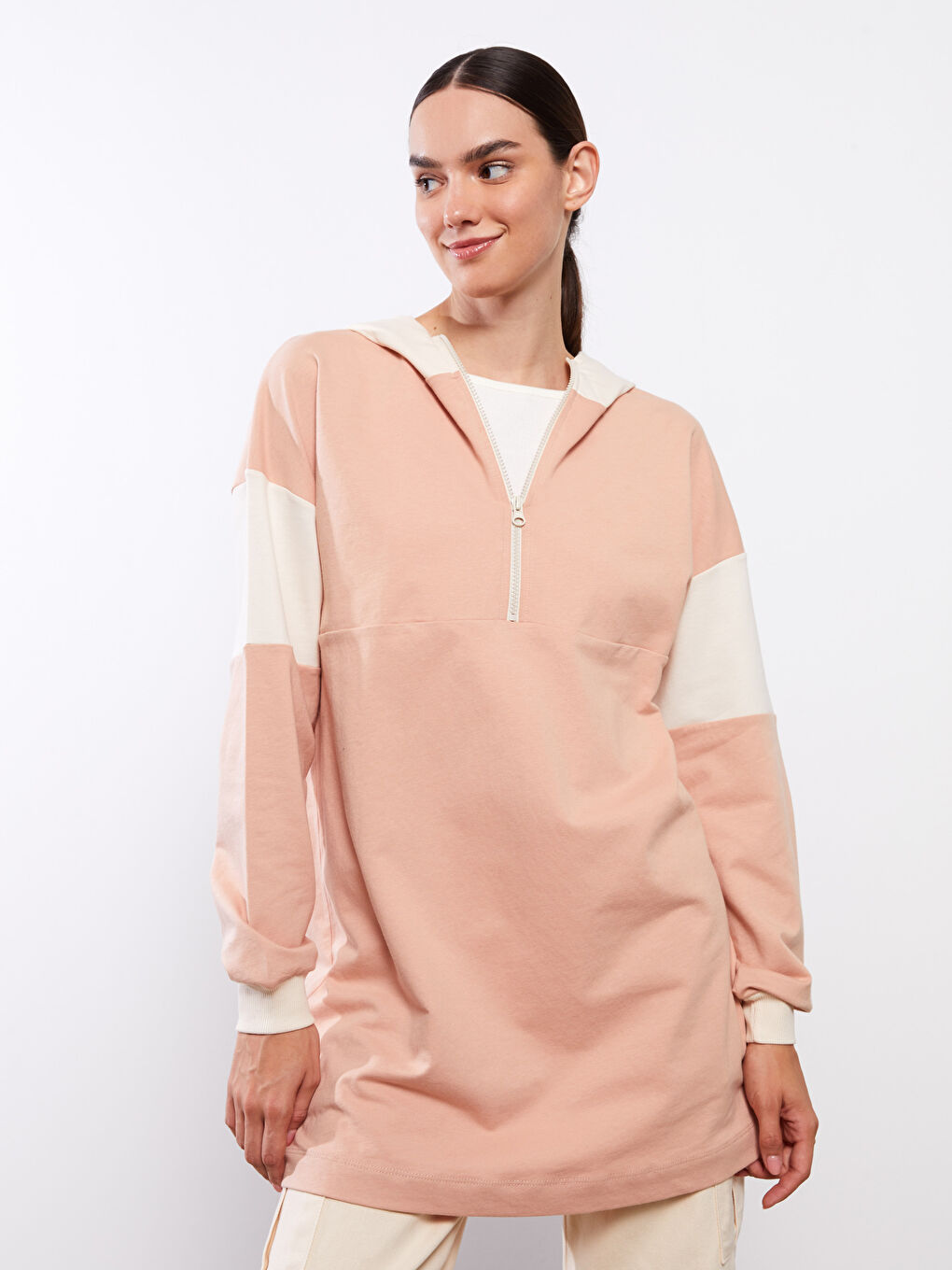 Hooded Color Block Long Sleeve Women's Sweatshirt Tunic-1